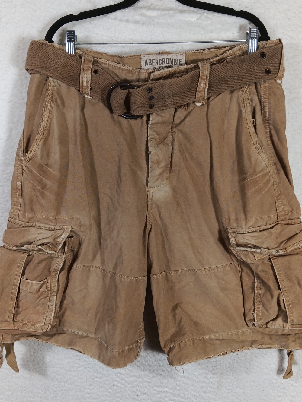 Vintage Abercrombie & Fitch Shorts Mens 34 Tan Cargo Paratrooper Distressed Belt